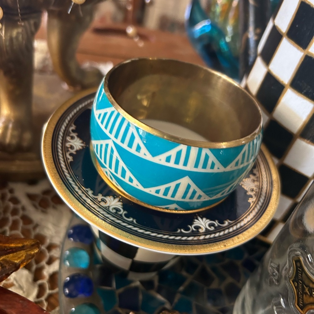 Vintage Turquoise & White Enamel Geometric Mosaic Wide Brass Bangle Bracelet